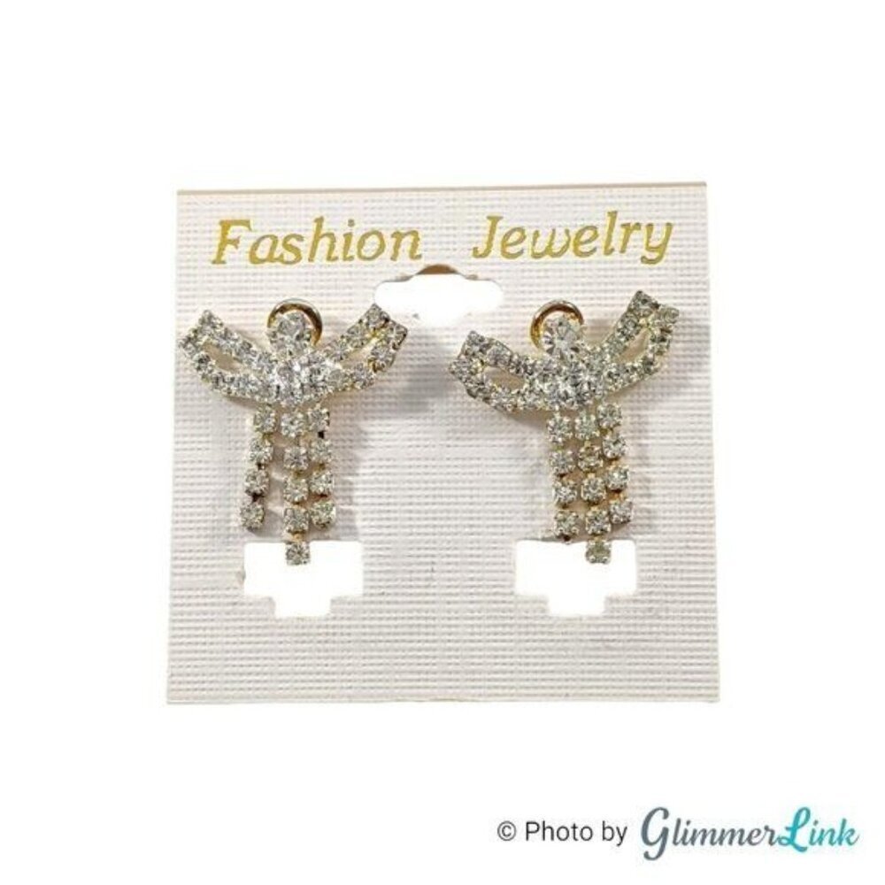 Vintage Angel Rhinestone Pave Tassel Earrings Christmas Holiday Gold Tone